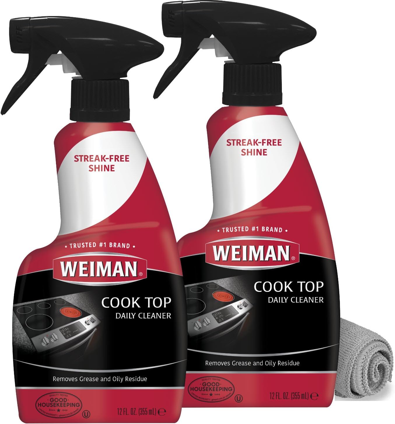 Weiman Glass Cooktop Cleaner & Polish For Daily Use on Ceramic, Induction Stove Top, Removes Grease & Oily Residue, Streak Free Shine, 12 oz, 2 Pack, Micro Fiber Buffing Towel