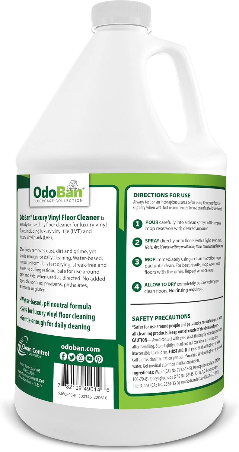OdoBan Ready-to-Use Luxury Vinyl Floor Cleaner, Streak Free and Neutral PH Formula, 1 Gallon, Scentless