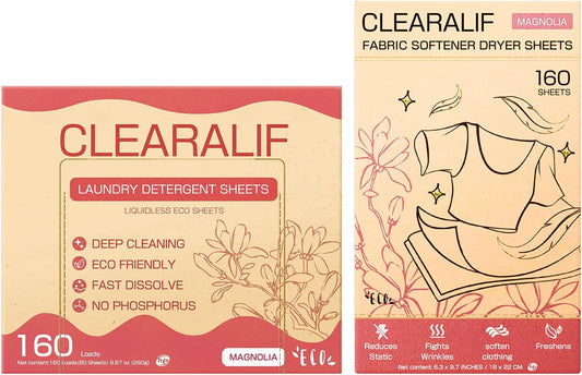 CLEARALIF All in One Laundry Detergent Sheets Kit, Magnolia Scent, 160 Loads Laundry Sheets + 160 Drying Sheets, Laundry Set Great for Travel, Softener Sheets Eco Package Friendly & Hypoallergenic