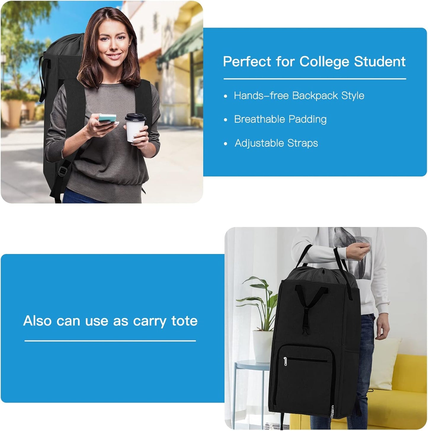 Laundry Backpack Bag, Bukere Extra Large 2 in 1 Laundry Hamper Basket for College Students Dorm Essentials, Adjustable Shoulder Straps, Freestanding Laundry Bag for Apartment, Laundromat, Travel