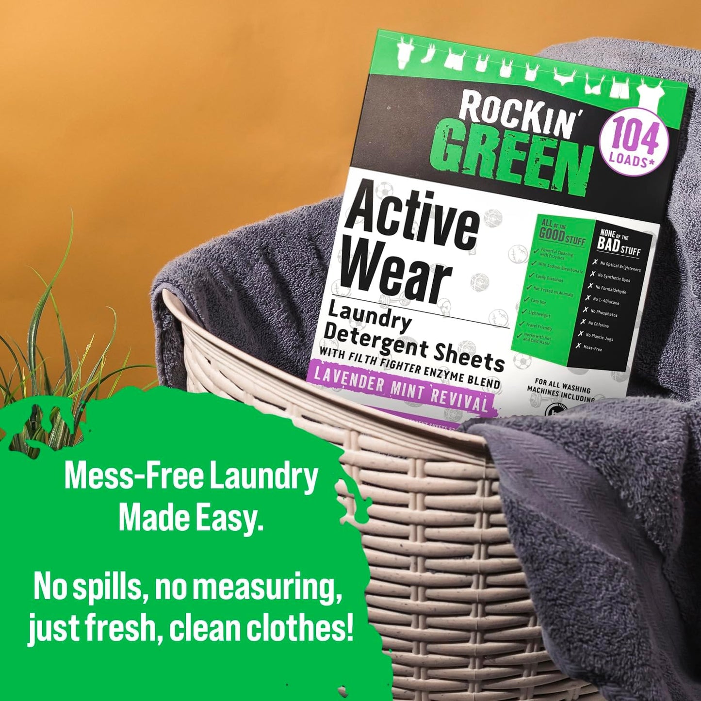 Rockin' Green Active Wear Travel Laundry Detergent Sheets - Mess-Free Laundry Sheet Detergent with Sodium Bicarbonate - Easily Dissolvable Laundry Soap Sheets (104 Loads, Lavender Mint Revival)