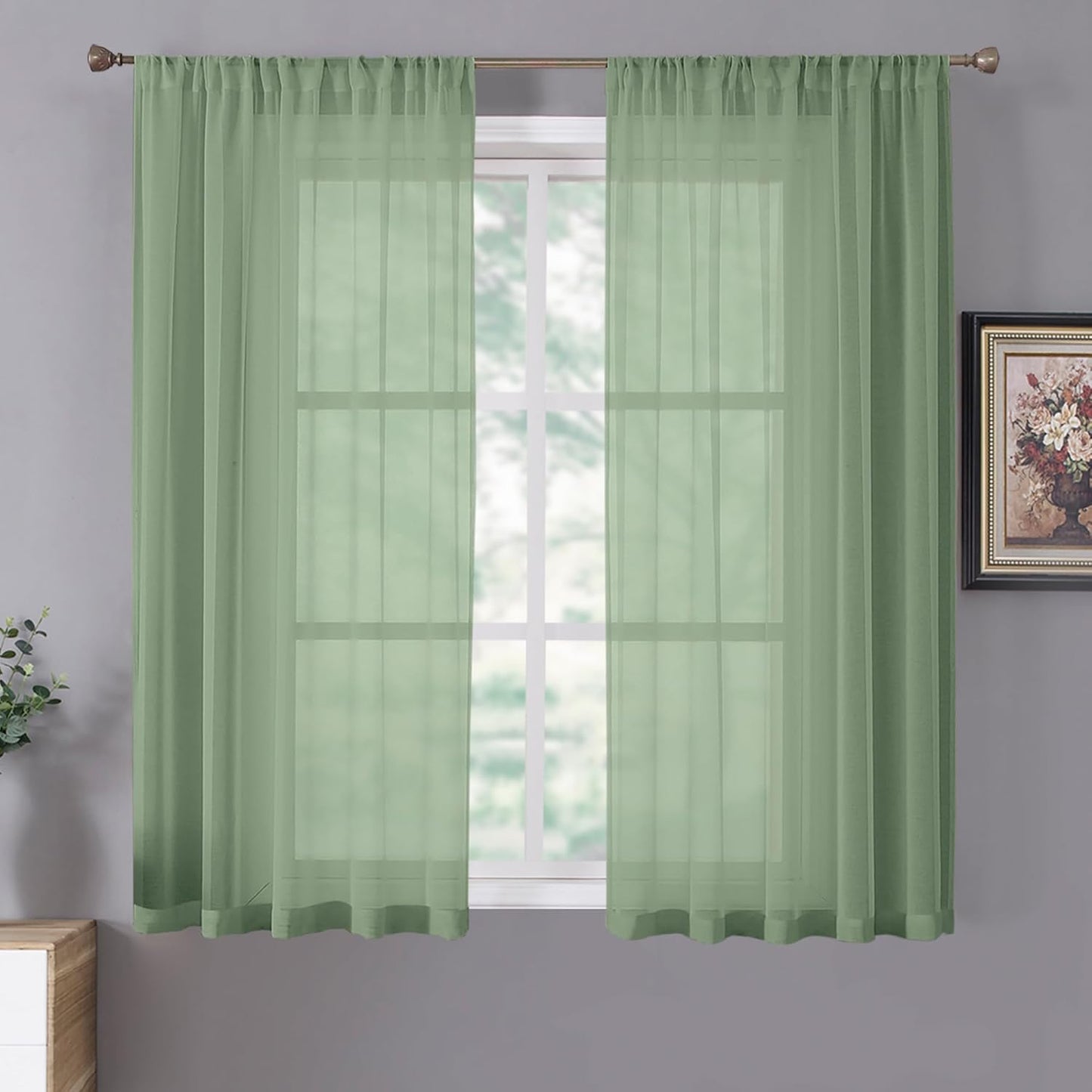 Tollpiz Short Sheer Curtains Linen Textured Living Room Curtain Sheers Light Filtering Rod Pocket Voile Curtains for Bedroom, 42 x 45 inches Long, Sage Green, Set of 2 Panels