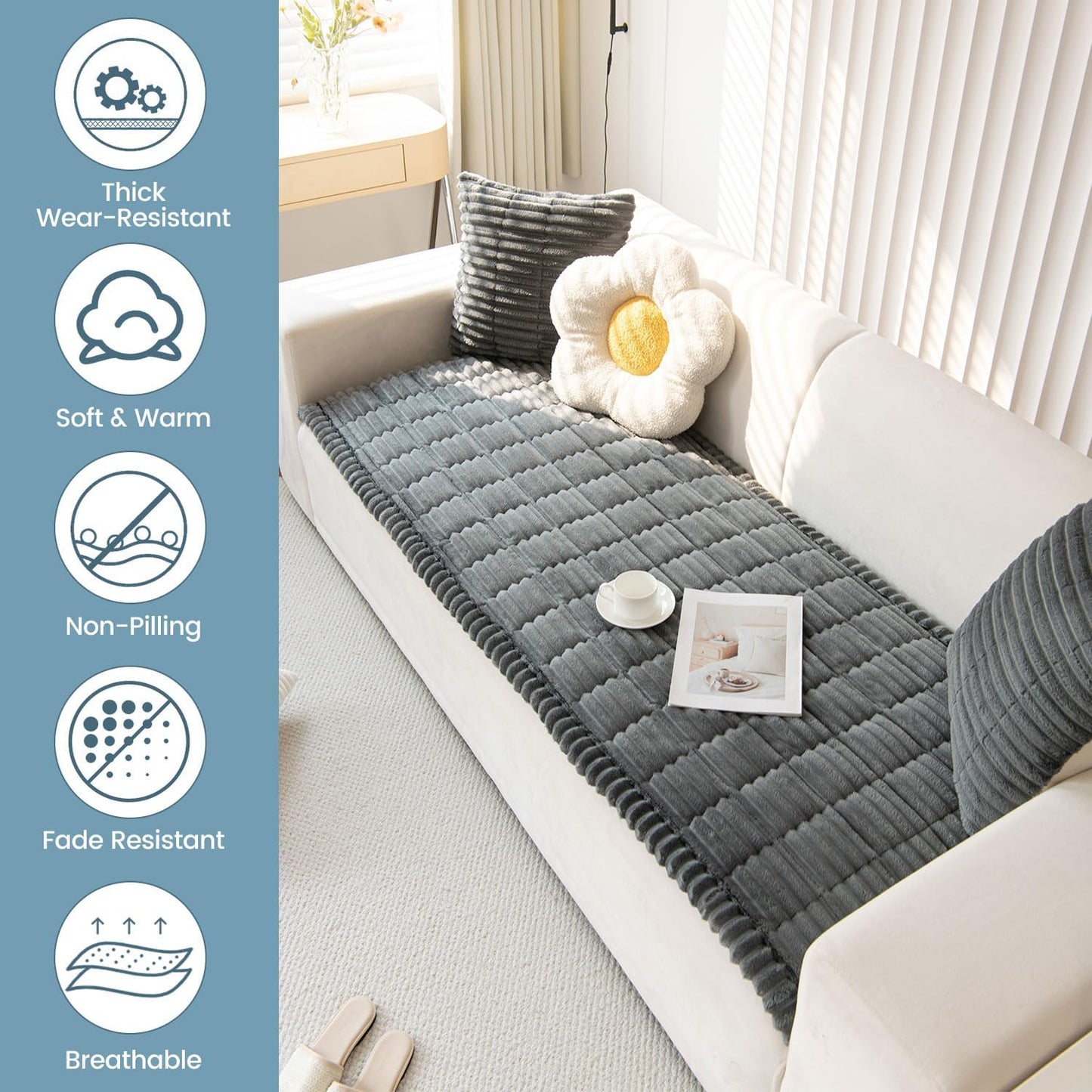 OTOB Couch Cover for Dogs Washable, Non Slip Plush Sofa Covers for 3 Cushion Couch, Fuzzy Pet Friendly Mat Bed Furniture Protector Sofa Slipcover, All Seasons (Dark Gray, 27.6" x 70.9")