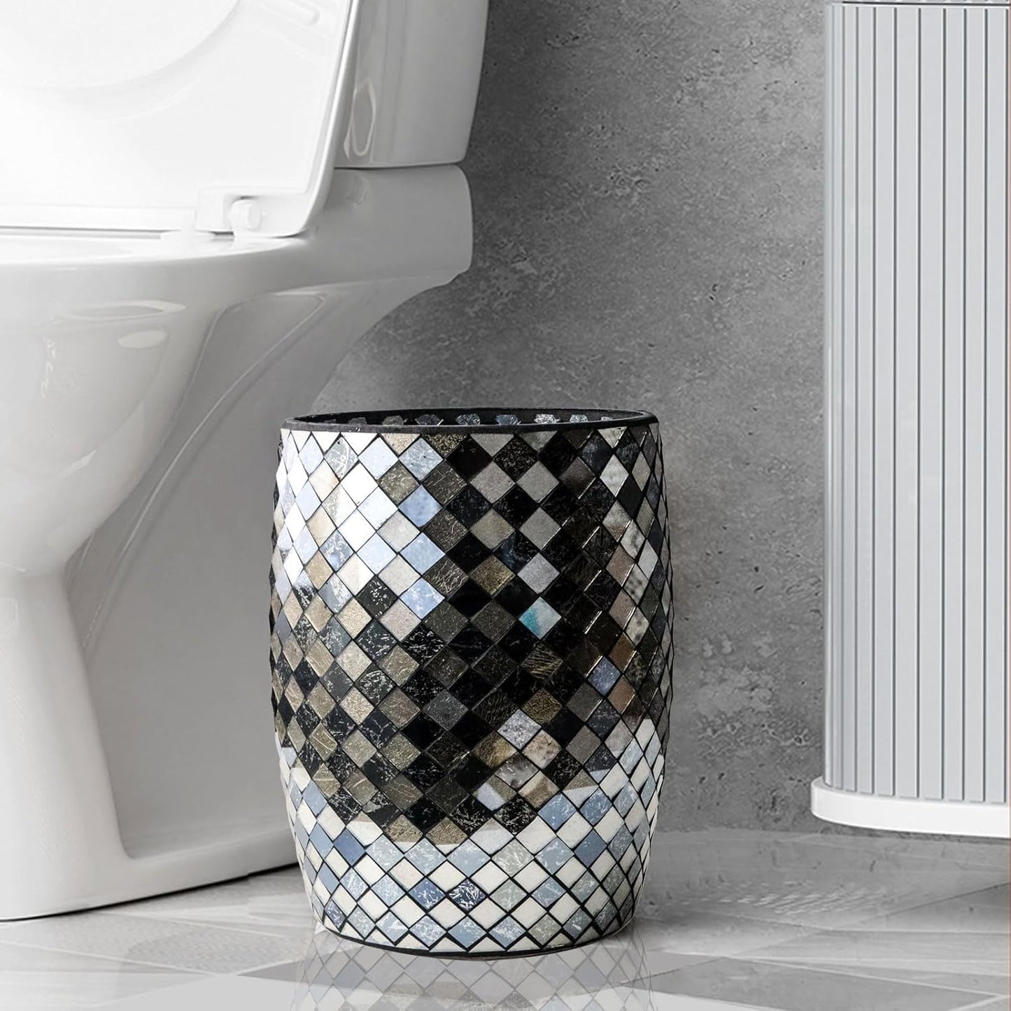 Escenzy Modern Bathroom Trash Can Mosaic Glass 5L | Decorative Small Garbage Can | 7" x 10" | Luxury Waste Basket for Restroom, Office, Bedroom & Kitchen | Shiny Black and Gold Bathroom Accessories