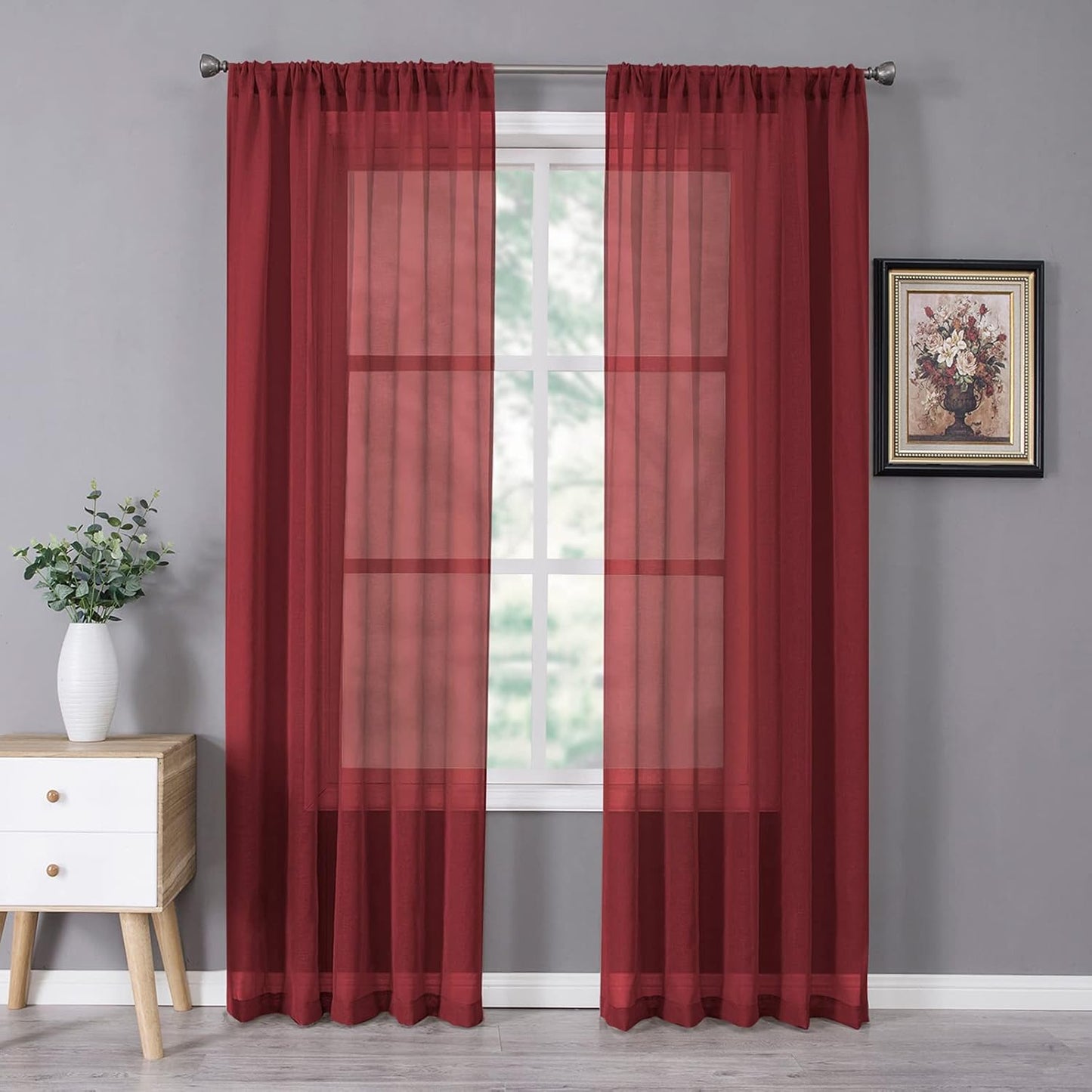 Tollpiz Sheer Curtains Bedroom Linen Textured Curtain Sheers Light Filtering Voile Rod Pocket Curtains for Living Room, 38 x 84 inches Long, Burgundy Red, Set of 2 Panels