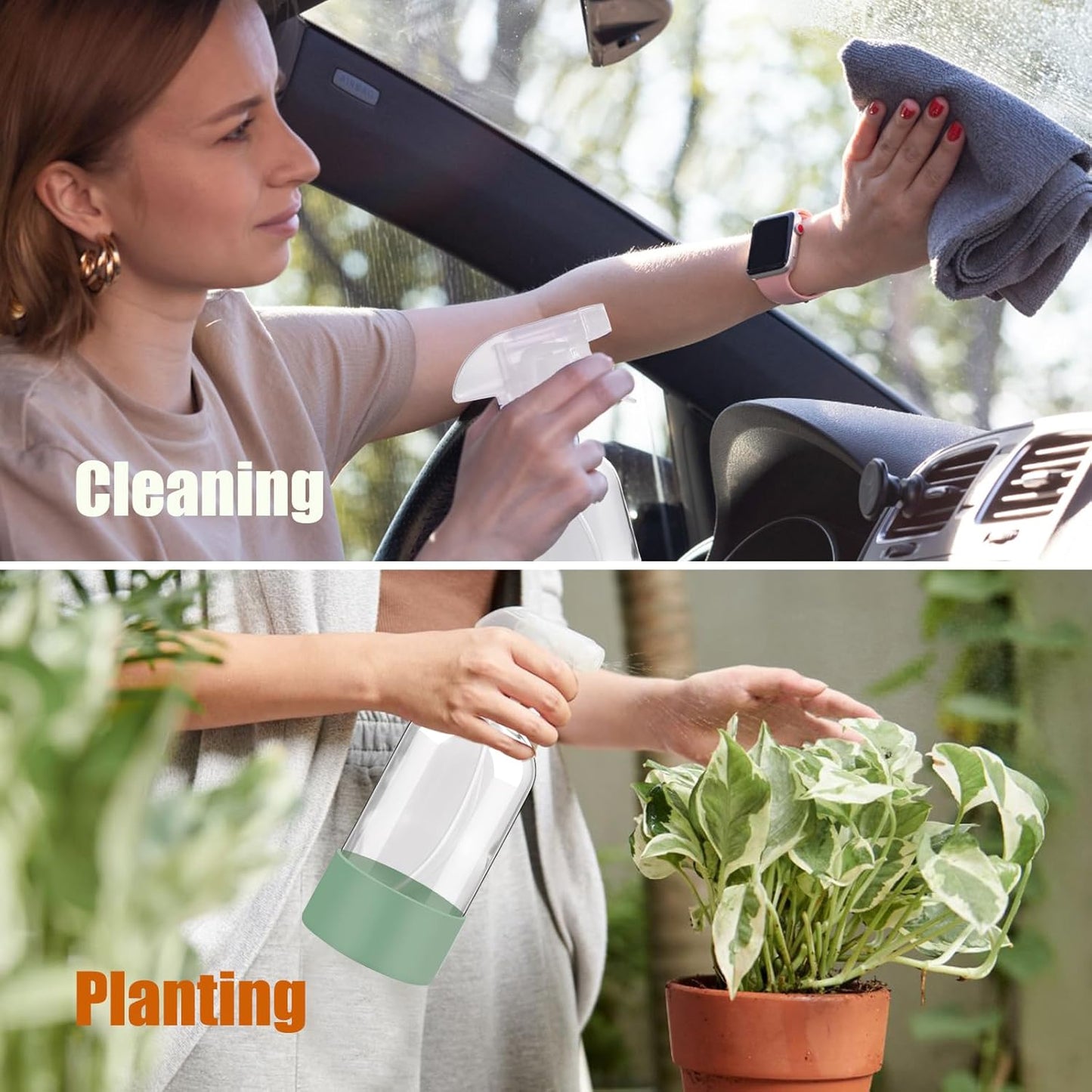 Glass Spray Bottles with Silicone Sleeve Protection, 16 oz Empty Refillable Containers, Reusable Spray Bottles with Adjustable Nozzle for Hair, Cleaning Solutions,Plants , 2 Pack Olive Green&Yellow