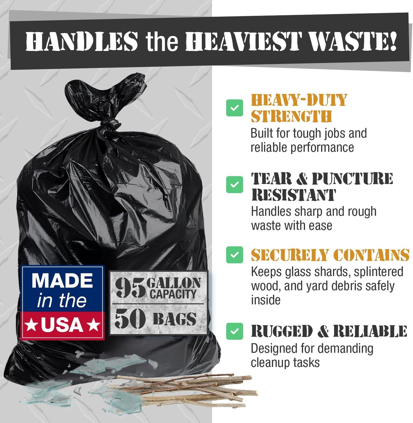 95-96 Gallon Extra-Large Black Garbage Can Liners, Heavy-Duty Trash Bags, 50 Bags, 1.5 Mil Thick, Ideal for Commercial & Home Use