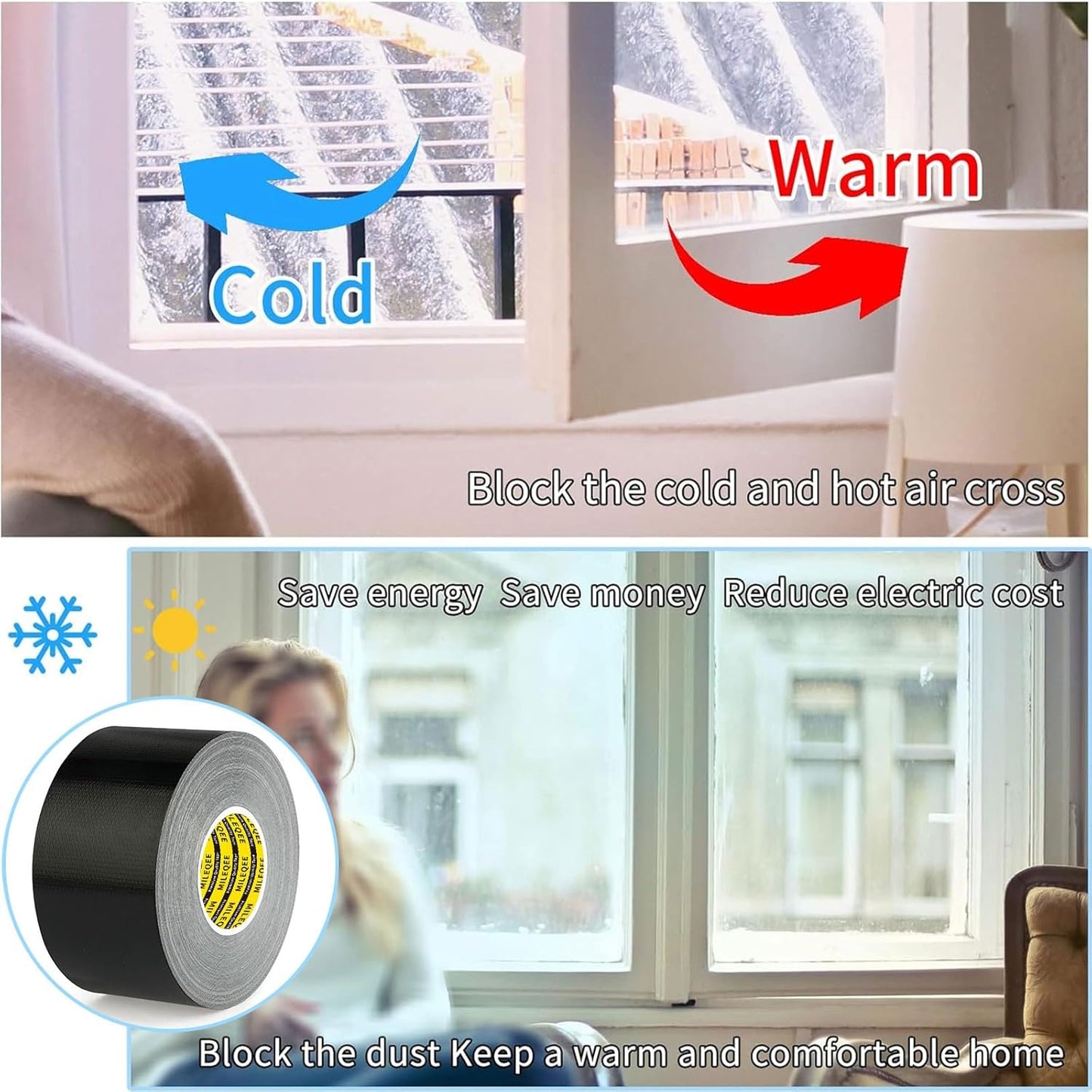 Cloth Duct Window Seal Strip Tape for Winter, 1.89in x 33FT, Weather Stripping Sealing Insulation Tape for Windows and Door, Easy Tear Sealer Draft Blocker Black