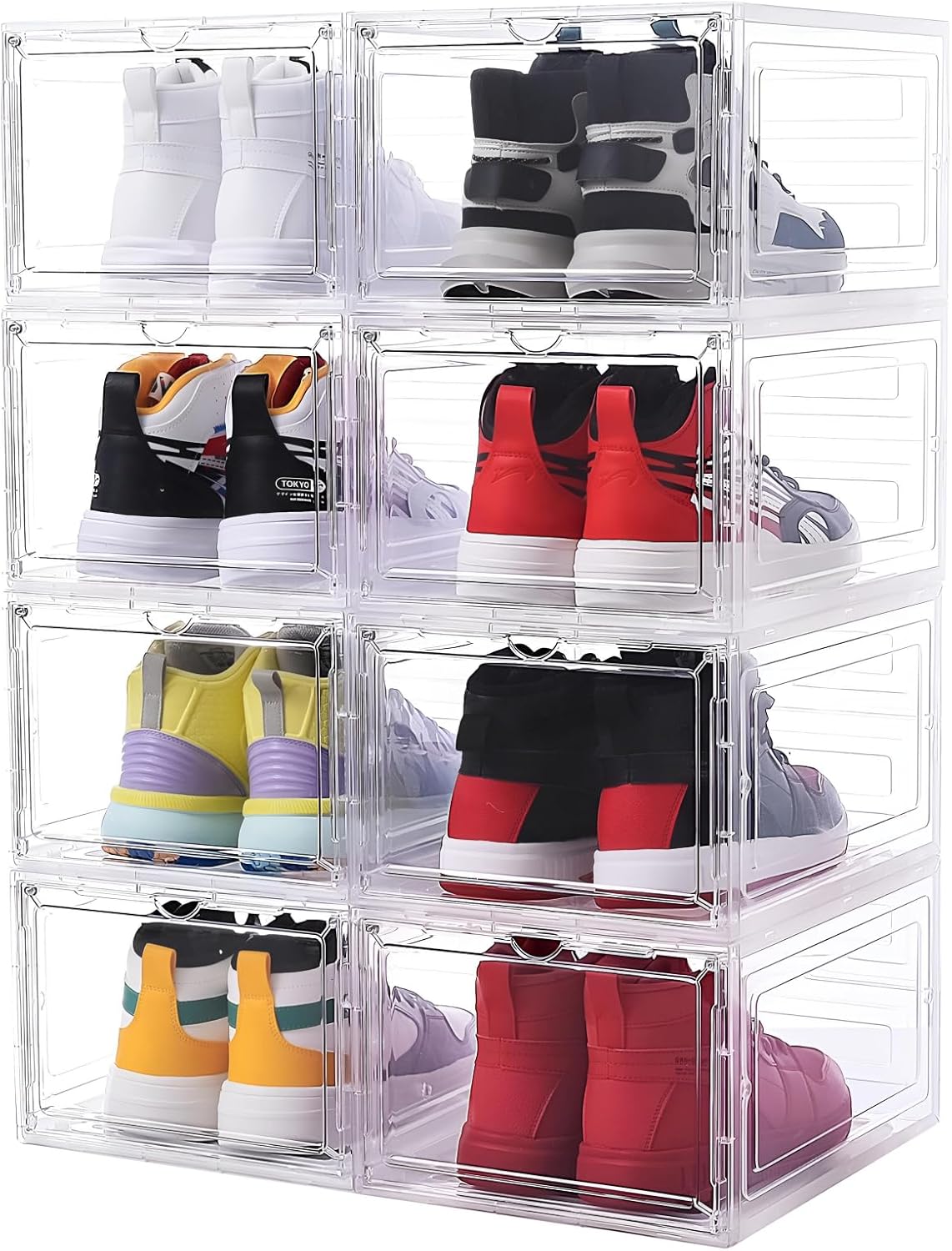 8 Pack Shoe Boxes Clear Plastic Stackable, Drop Front Shoe Storage Organizer for Closet, Sneaker Storage with Magnetic Door, Shoe Display Containers Fit US Size 12 (13.4”x 10.6”x 7.5”) Clear