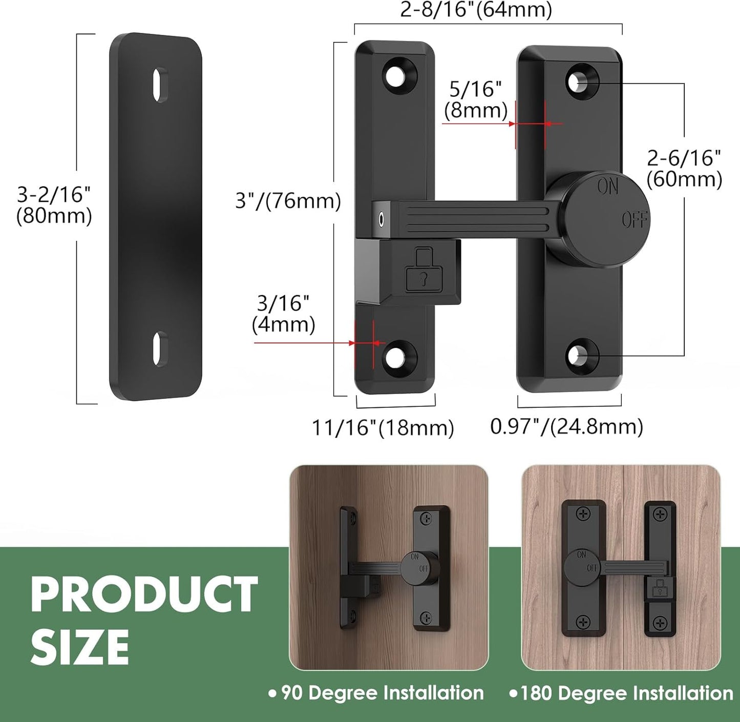 Barn Door Lock Latch, 90/180 Degree Flip Sliding Door Latch for Garage, Bedroom, Cabinet, Sturdy Zinc Alloy Security 90 Degree Lock (Black-2 Pcs)