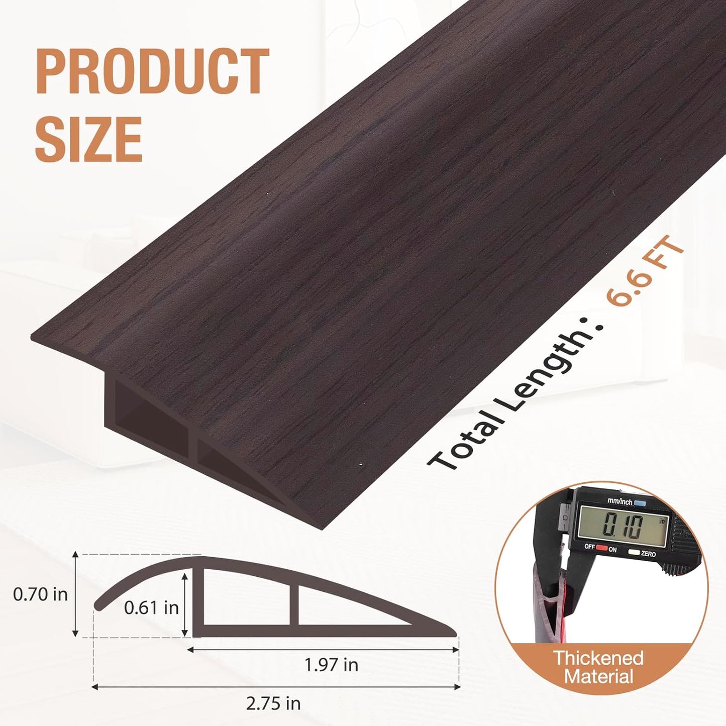 Floor Transition Strip Self Adhesive Vinyl Door Threshold for Doorways Carpet Edging Trim Overlap Edge Reducer for Laminate Floor, Carpet, Tile (Dark Walnut Grain, 2/5" to 3/5", 6.6Ft)