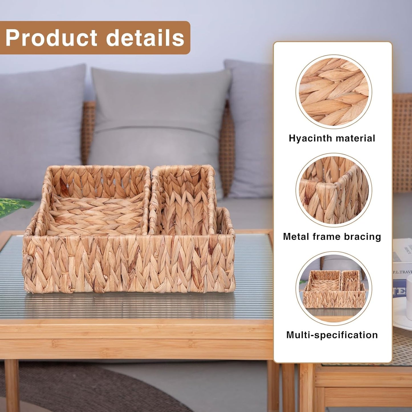 Handwoven Wicker Storage Baskets Set, Natural water hyacinth & Iron Frame | Triple Sizes (Small, Medium, Large) for Home Organizing, Bathroom, Shelves | Woven Baskets for Storage & Decor (Natural)