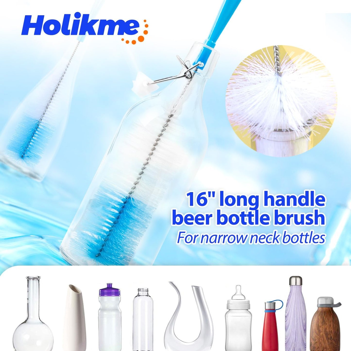 Holikme Bottle Brush Tube Cleaning Lab Set with Long Handle, Cup Cleaner for Washing Narrow Neck Beer Wine Decanter Pipes Lids Sinks Cap Covers, Pink
