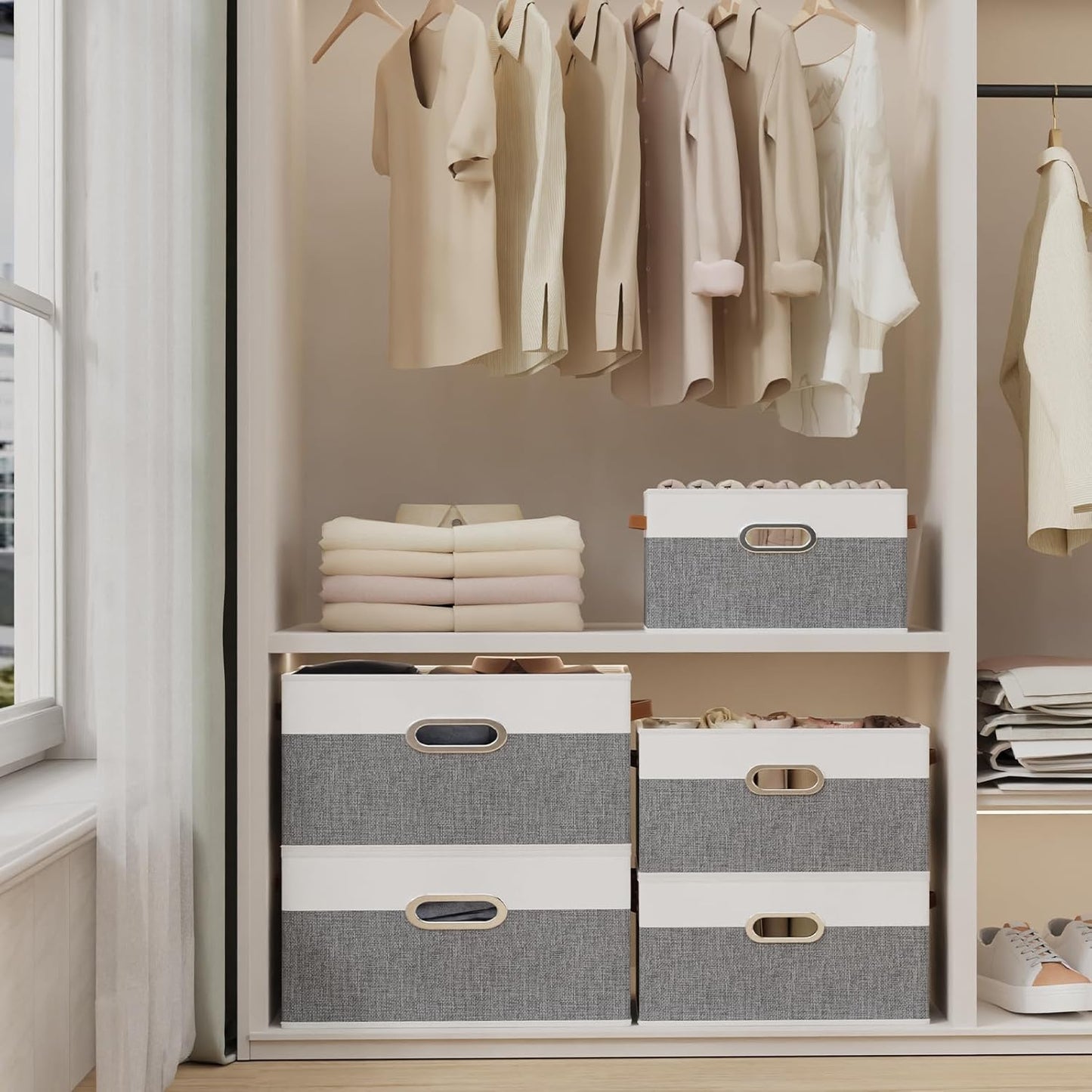 Yawinhe Fabric Storage Baskets, Foldable Closet Organizer for Shelves, Large Boxes with 3 Handles, Canvas Bins for Clothes, White/Grey, 12.99''Lx9.05''Wx7.87''H, 6-Pack