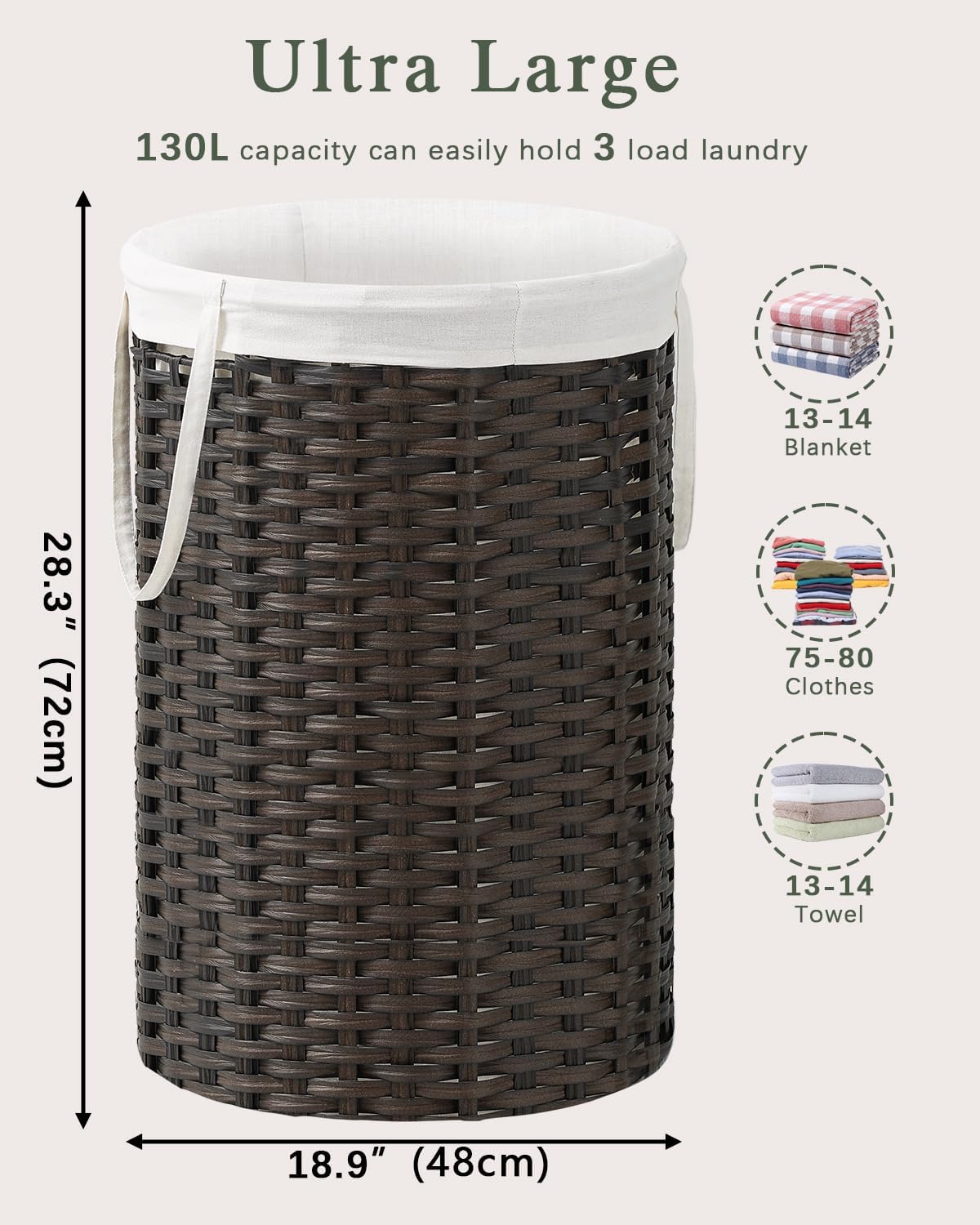 34.3 Gal (130 L) Large Laundry Hamper Laundry Basket Round Handwoven Wicker Laundry Baskets Rattan Laundry Basket with Removable Bag Handles 2 Mesh Bags for Living Room Bedroom Brown