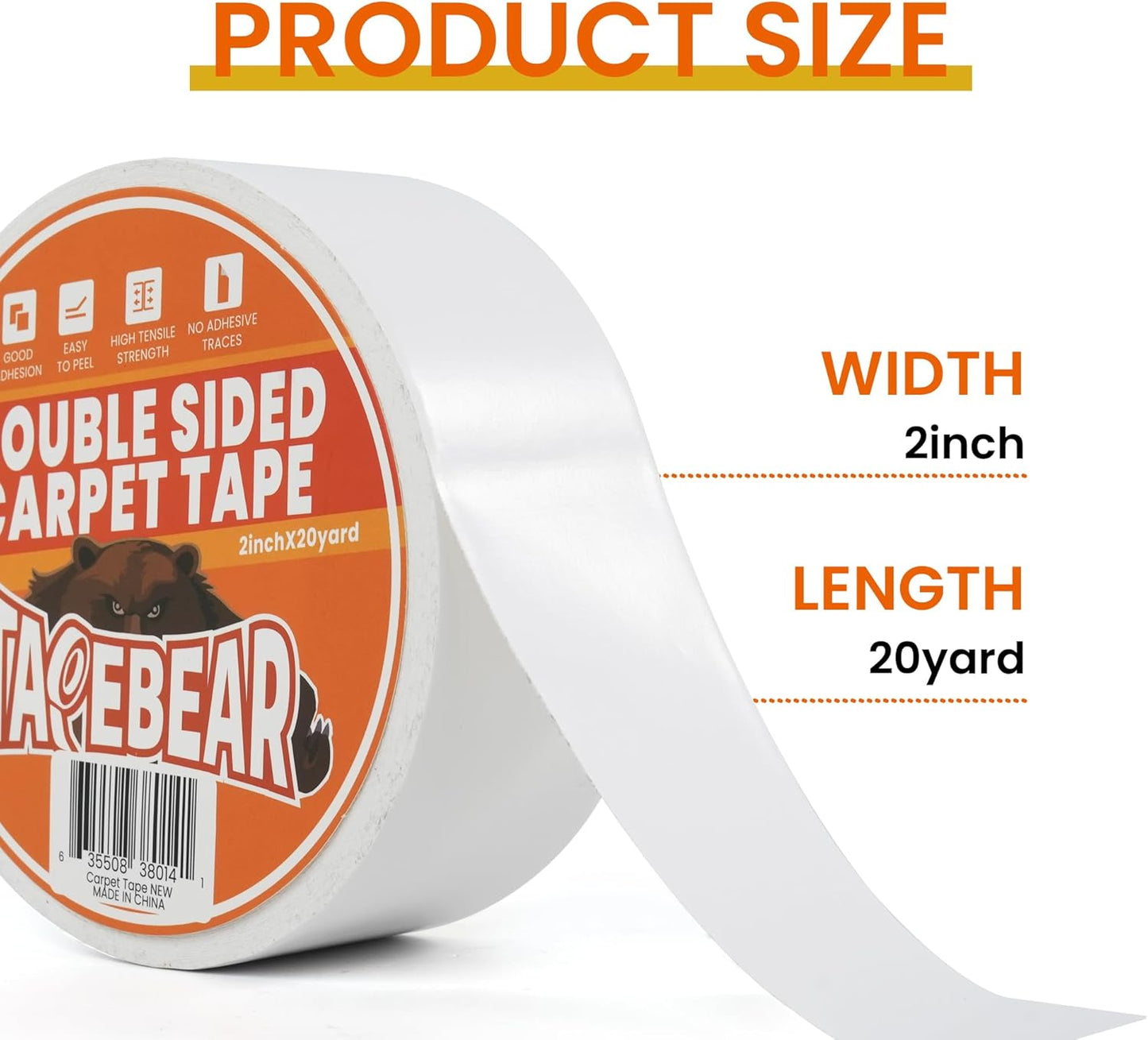 TAPEBEAR Double Sided Carpet Tape 2Inch x 20Yards, Heavy Duty Rug Tape Residue-Free Carpet Gripper for Area Rugs, Wood, Floor, Multipurpose Gripper Non Slip Tape, White