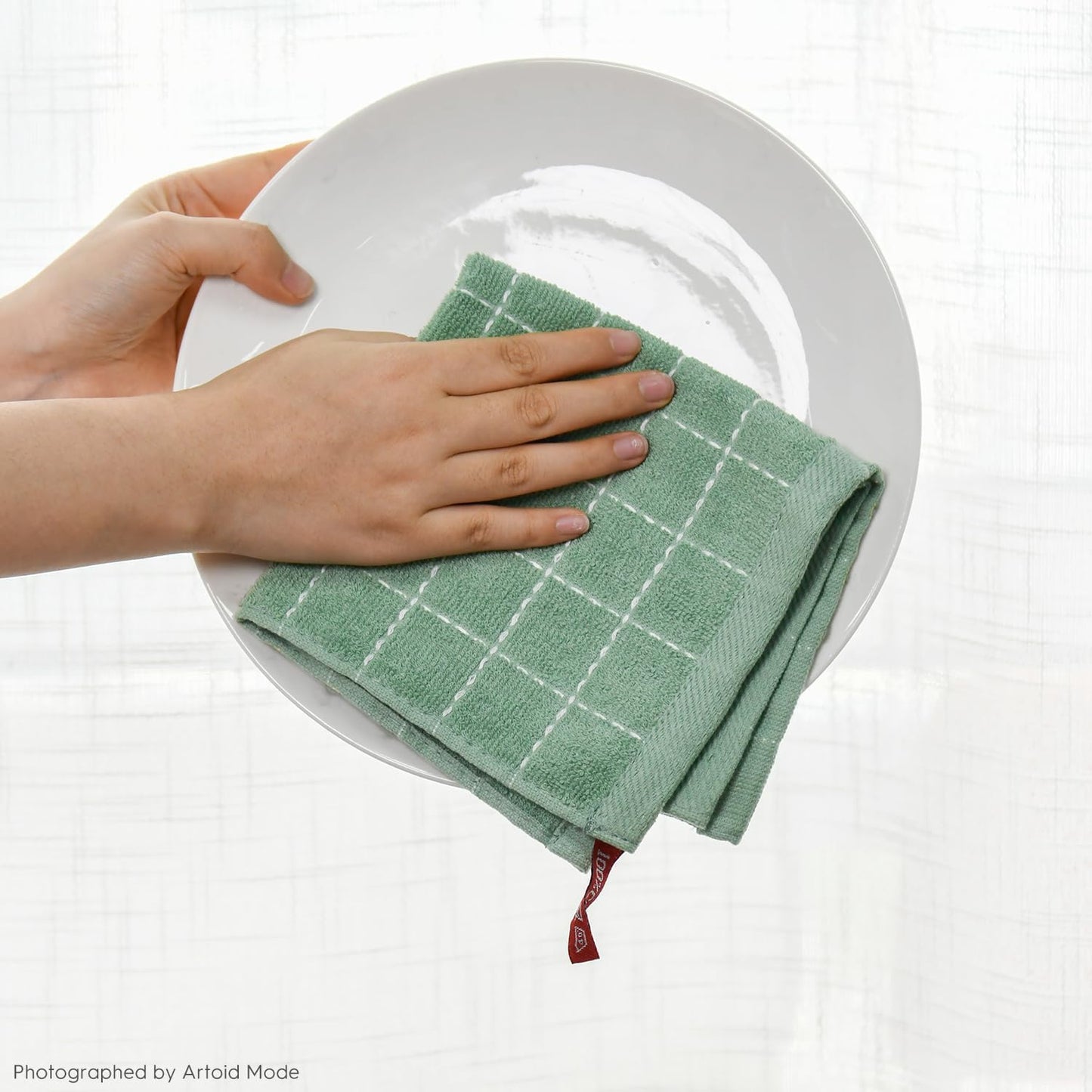 Artoid Mode Checkered Designed Cotton Dark Green Terry Kitchen Dish Cloths, 12x12 Inch Soft Absorbent Quick Drying Cleaning Kitchen Rags Set of 6