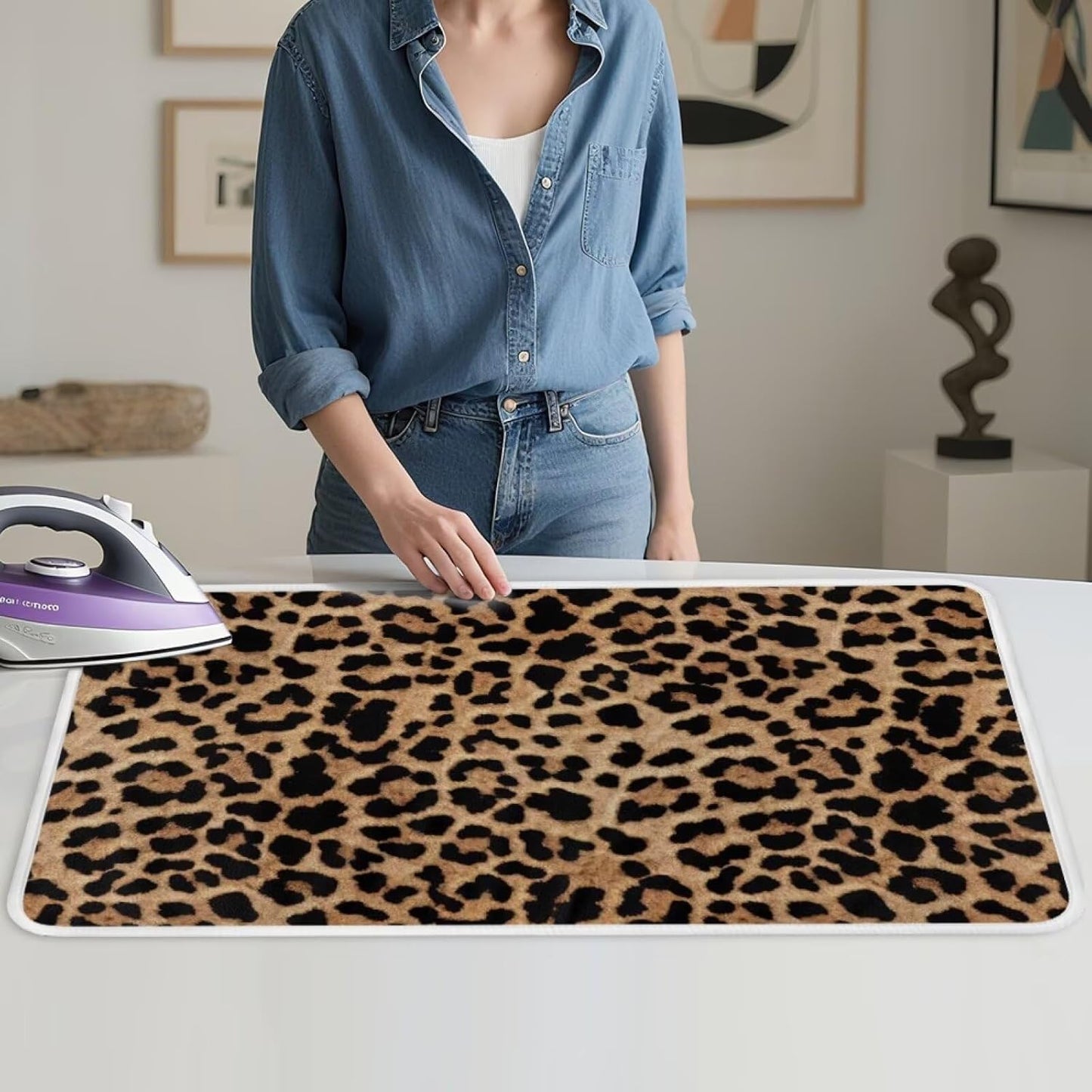 Leopard Print Iron Mat Blanket Travel Foldable Ironing Pad Fabric Ironing Board Cover for Top of Tabletop,Brown Thick & Large Portable Ironing Pads 32 x 16 Inch