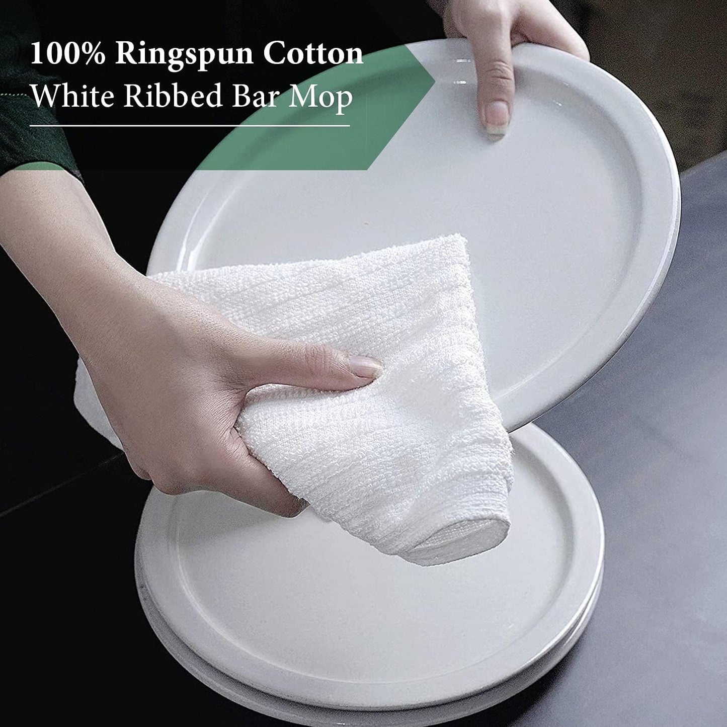 Bar Mop White Ribbed 16x19 Pack of 24, 100% Cotton Absorbent Kitchen Towel Dish Towels and Dishcloths Towels Sets Washcloth Restaurant Cleaning Rags Towel
