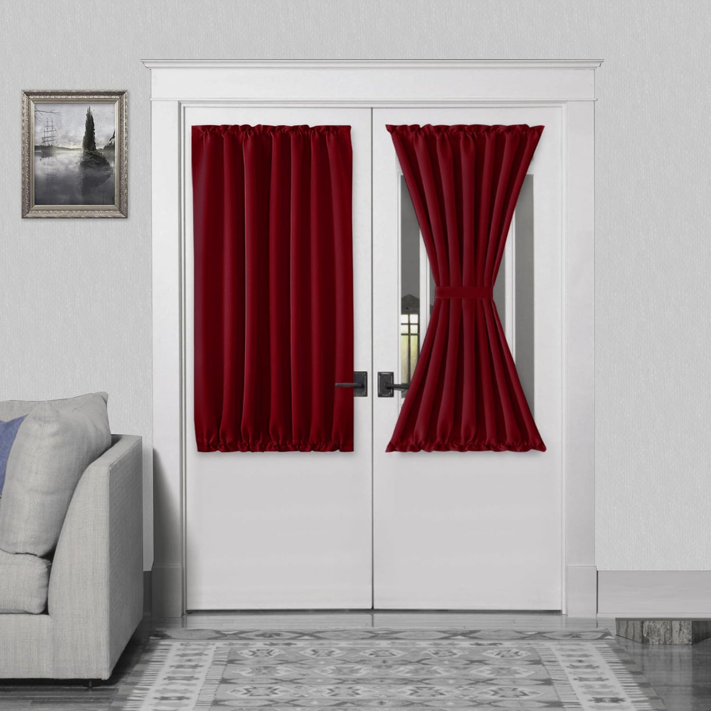 DWCN French Door Curtains – Rod Pocket Thermal Blackout Curtain for Doors with Glass Window, Christmas, Kitchen and Patio Doors for Privacy, 54 X 40 Inch, 1 Curtain Panel with Tieback, Burgundy