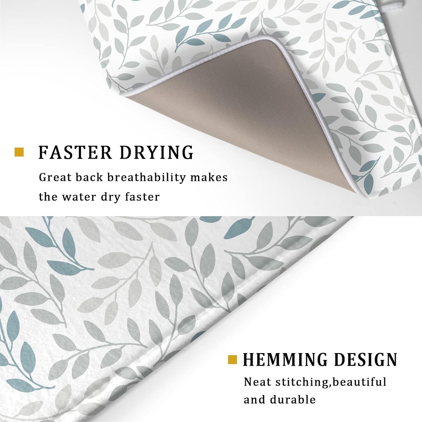 Leaves Branches Dish Drying Mat 18x24 for Kitchen Counter Decor Grey and Blue Leaf Absorbent Reversible Plant Dish Mat Microfiber Drying Pad Dish Drainer Rack Mats for Coffee Bar Home Decor