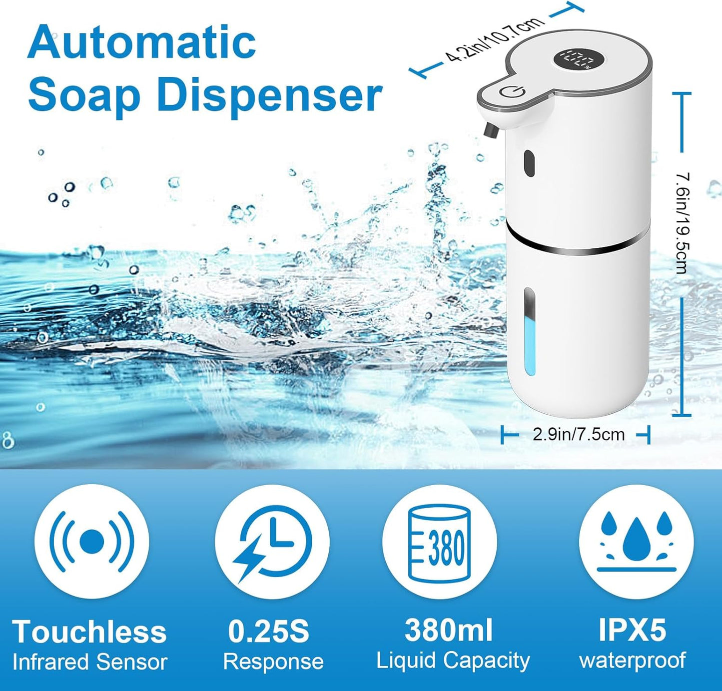 2 Pack Automatic Liquid Soap Dispenser Touchless, USB Rechargeable Smart Hand Soap Dispenser, 6-Level Adjustable, 12.8oz/380mL Wall Mount for Bathroom Kitchen Dish Soap