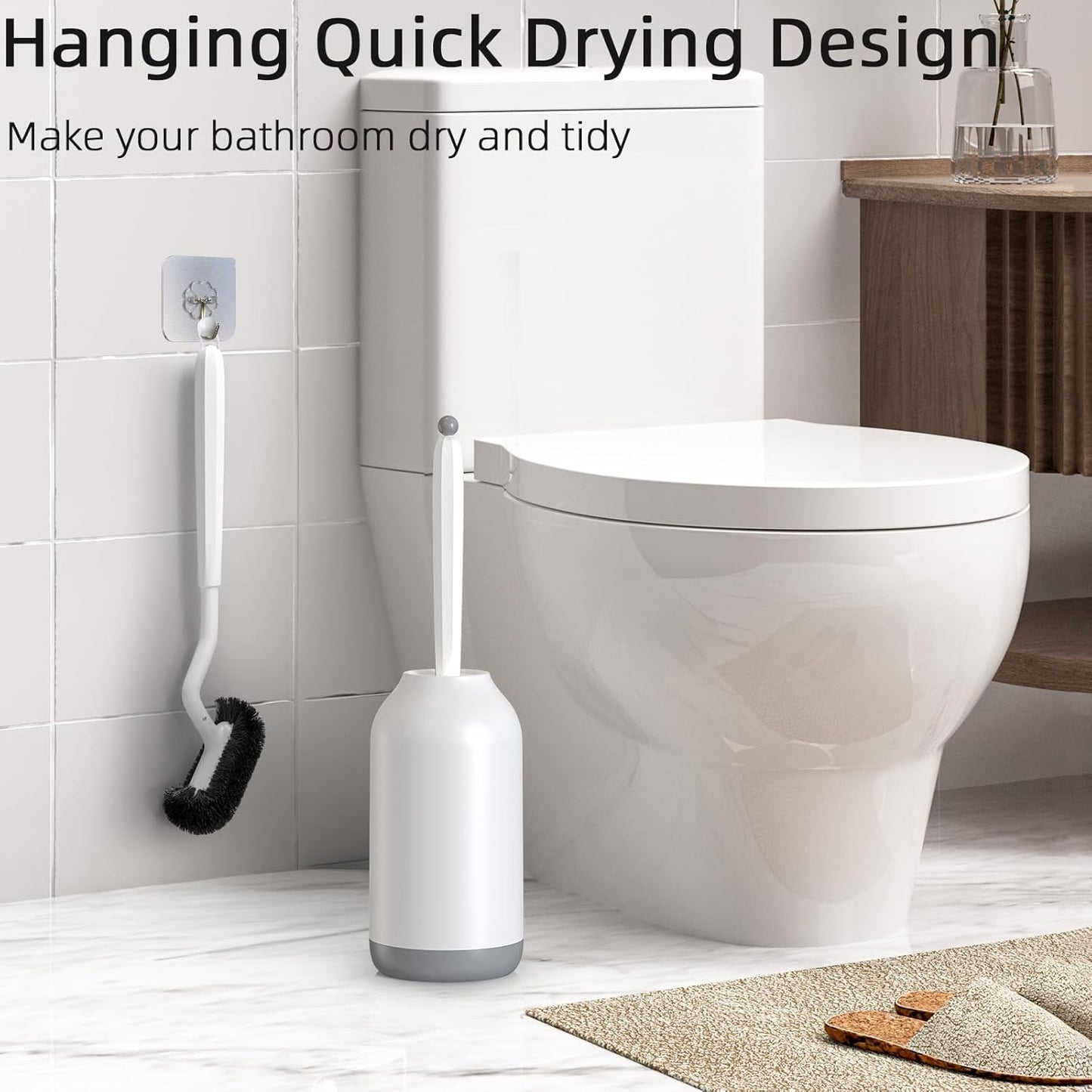 HAMITOR Toilet Bowl Brush Holder Set: Deep Cleaning Brushes with Curved Design - Ergonomic Long Handle for 360° Dead Corner Clean with Replacement Brush - Bathroom Accessories for RV Apartment