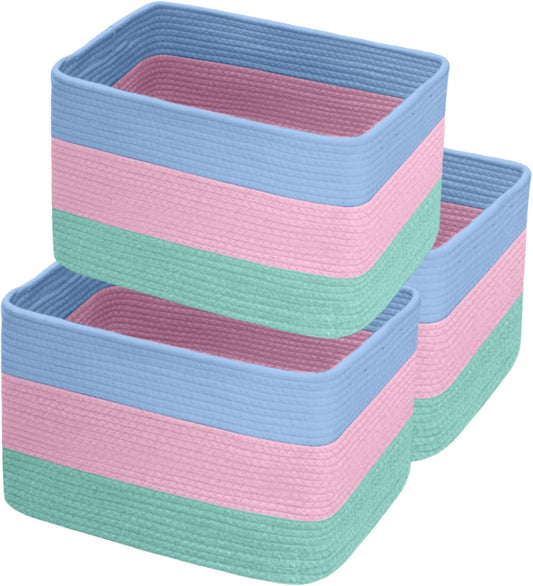 Hopegiver Woven Storage Baskets 15x11x10 Inch, 3 Pack Collapsible Cube Storage Bin for Shelves - Foldable Cotton Rope Organizer Bins for Towels, Toys, Books, Closet, Nursery (Blue Pink Green)