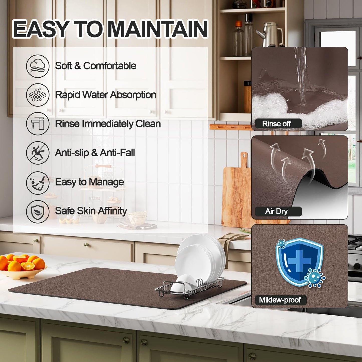 Dish Drying Mat for Kitchen Counter | Coffee Bar Mat for Countertops | Heat Resistant Drainer Mat with Non-slip Rubber Backed | Hide Stain Kitchen Absorbent Draining Mat | Brown 18"x32"