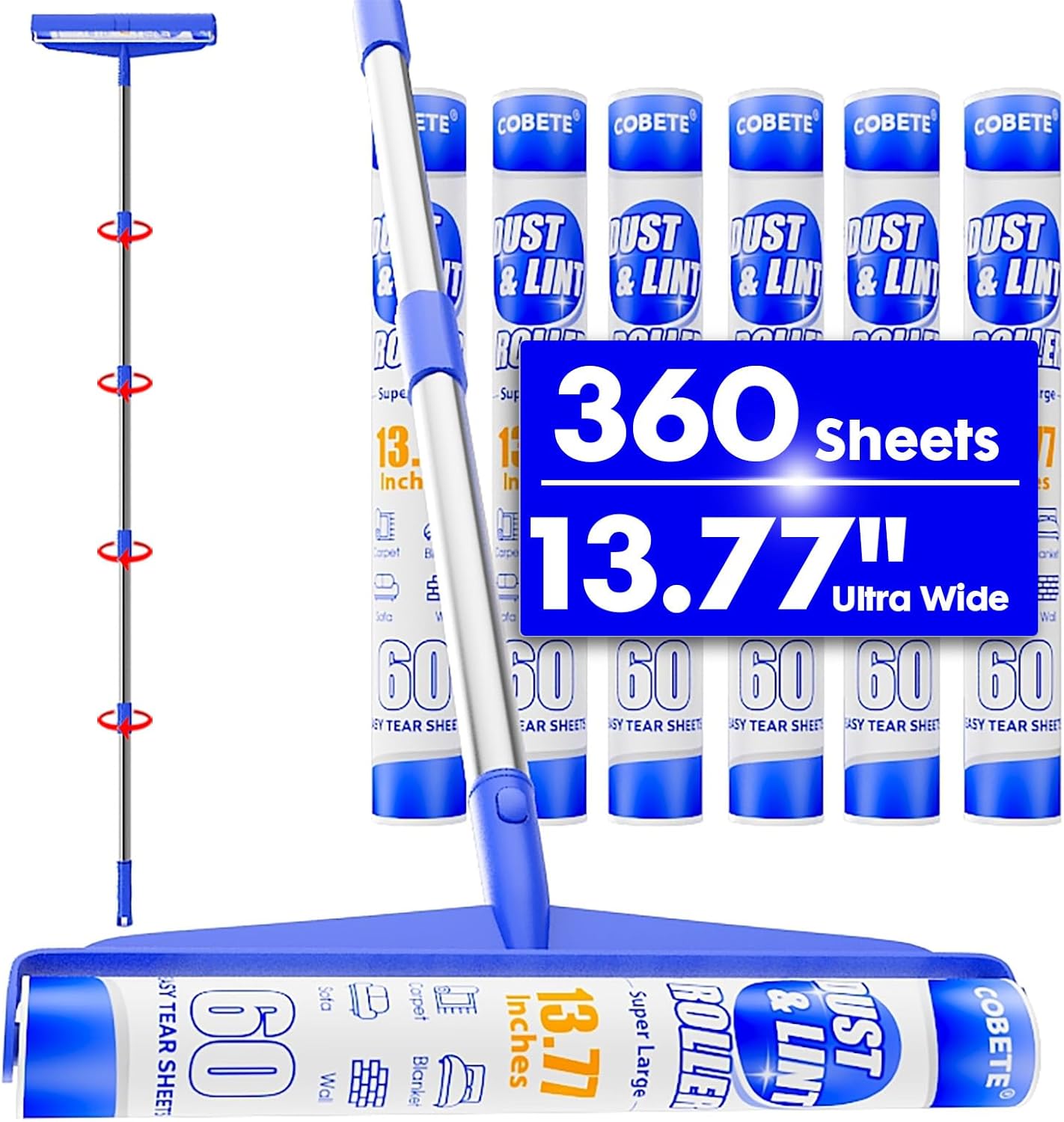COBETE 13.77" Large Extra Sticky Lint Roller, 69.88" Long Handle Lint Remover with 6 Rollers for Clothes, Cat Dog Pet Hair, Furniture, Couch, Carpet, Floor，Painted Wall Cleaner Mop Dust Cleaning