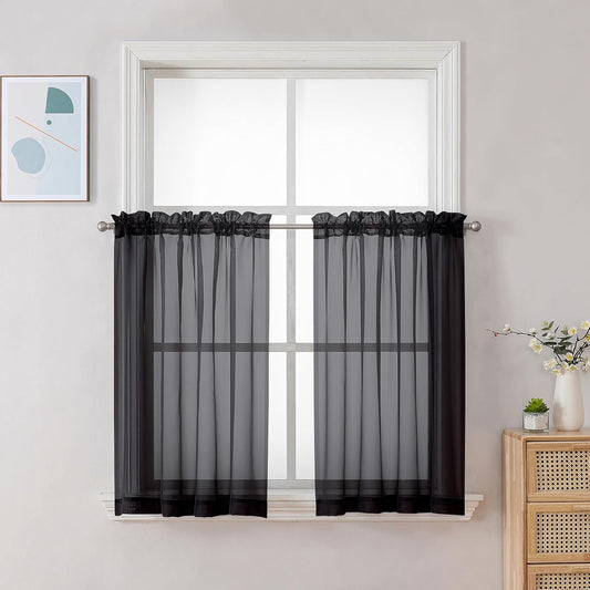 Chyhomenyc Black Sheer Tier Curtains 24 Inch Length, Small Window Curtains Treatment for Bathroom/Living Room/Cafe/Basement, Short Voile Curtain Tiers, 42W x 24L, Rod Pocket, 2 PCS