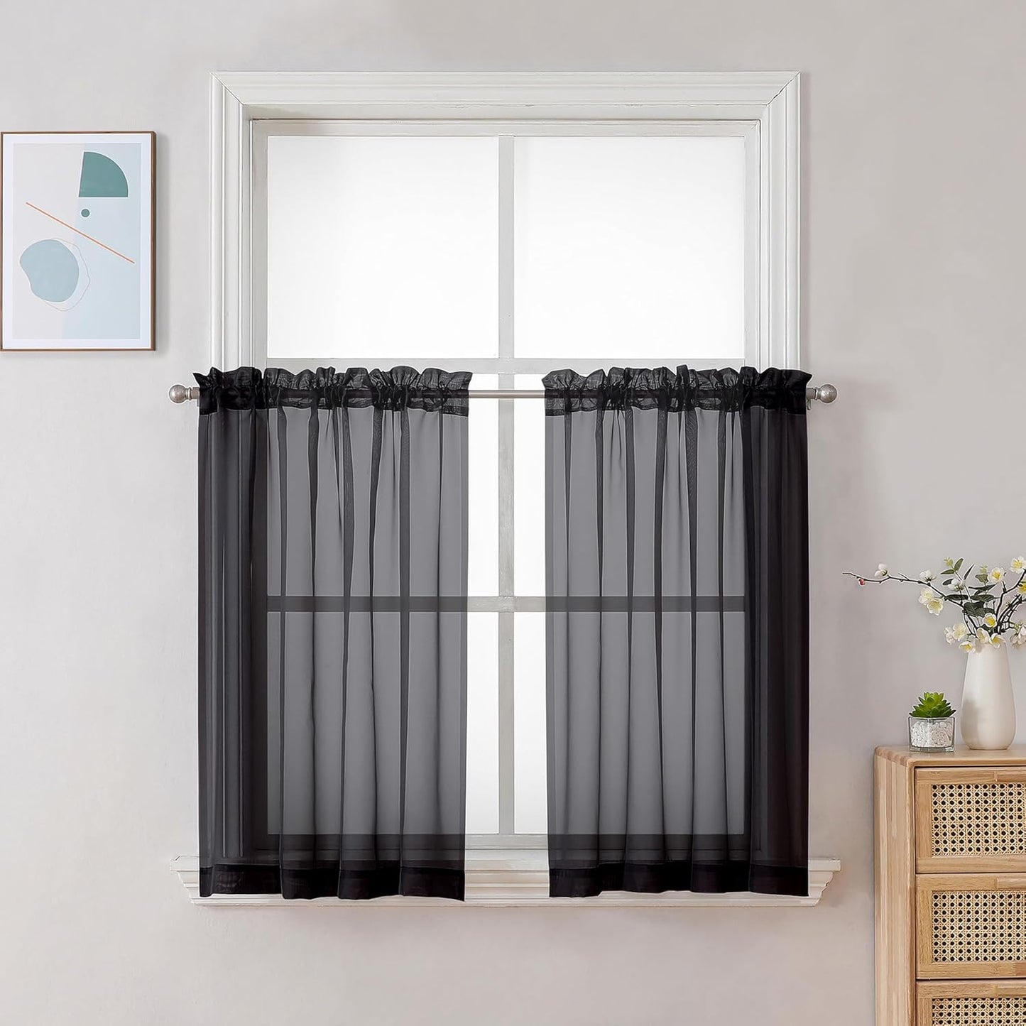 Chyhomenyc Black Sheer Curtains 30 inch Length 2 Panels, Light Filtering Voile Rod Pocket Short Window Curtians for Bathroom Living Room Farmhouse Small Windows, 42Wx30L inches