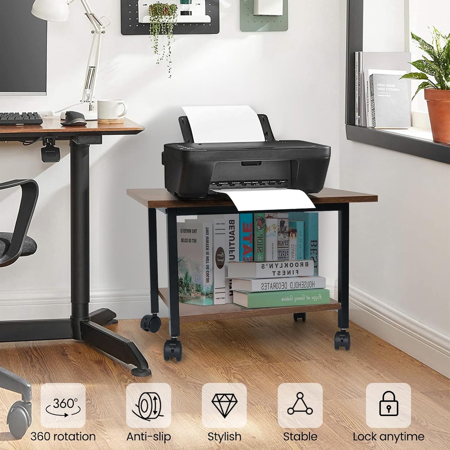 Printer Stand with Storage Under Desk Shelf, Desktop Printer Stand Organizer, Rolling Printer Cart Storage Paper Files Holder for Desk, Office, Home, (Rustic Brown)