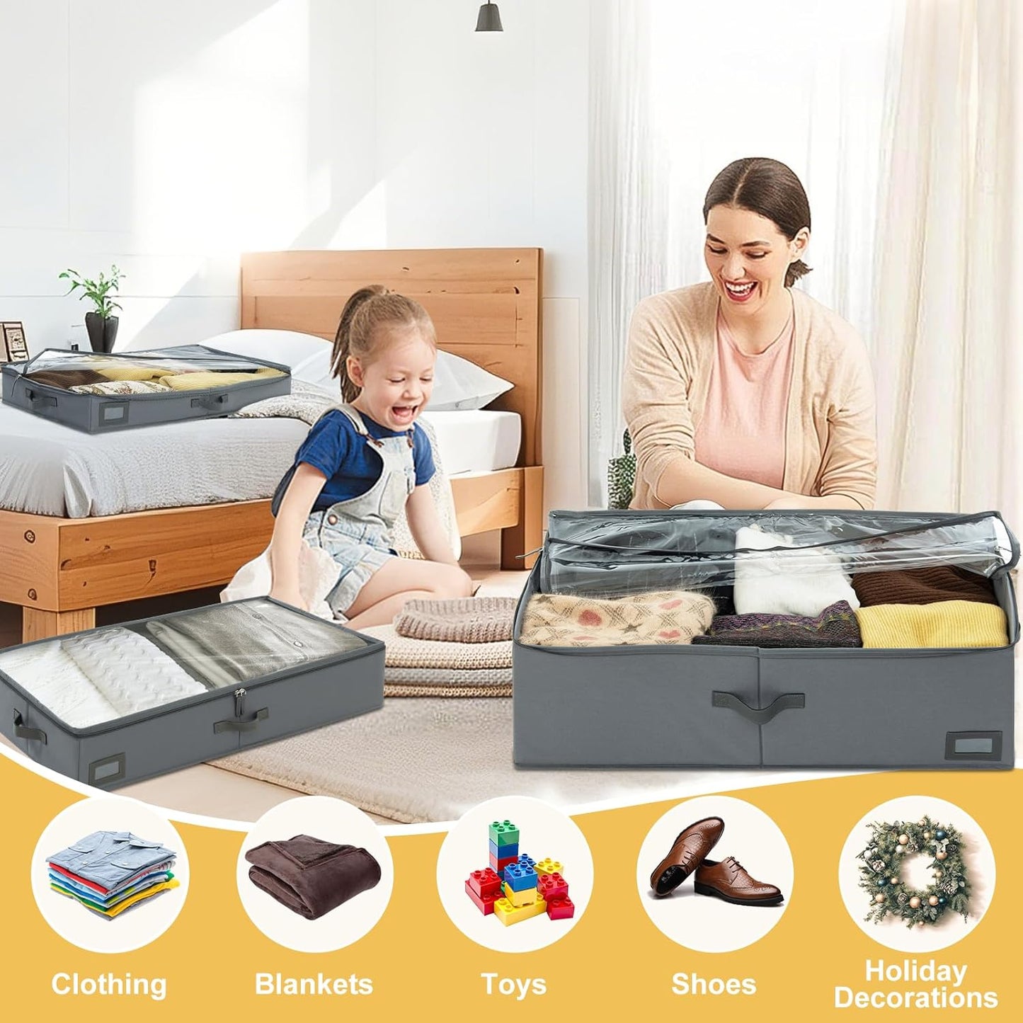 10-Inch Under Bed Storage Containers (2-Pack) | Sturdy Sidewalls | Clear Cover & Label Holder | Foldable Closet Organizer | Stores Clothing/Blankets/Sweaters/Sheets