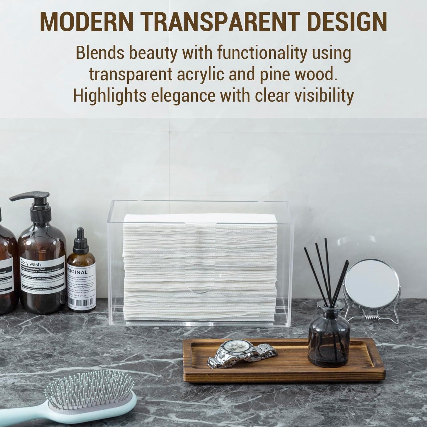 MyGift Deluxe Modern Metal Folded Commercial Paper Towel Holder with Rustic Burnt Solid Wood Tray Lid, Wall Mounted Trifold Multifold Z Fold Disposable Napkin Dispenser (Acrylic & Burnt Wood)