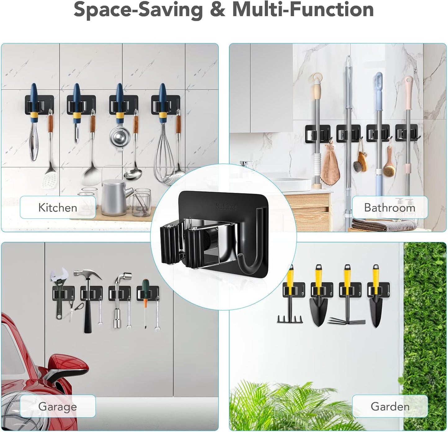 Mop Broom Holder No Drill, Mop Broom Organizer Wall Mounted Heavy Duty with Hooks Hanger, Self Adhesive Stainless Steel 4Pcs for Bathroom, Kitchen, Office (Multicolor)