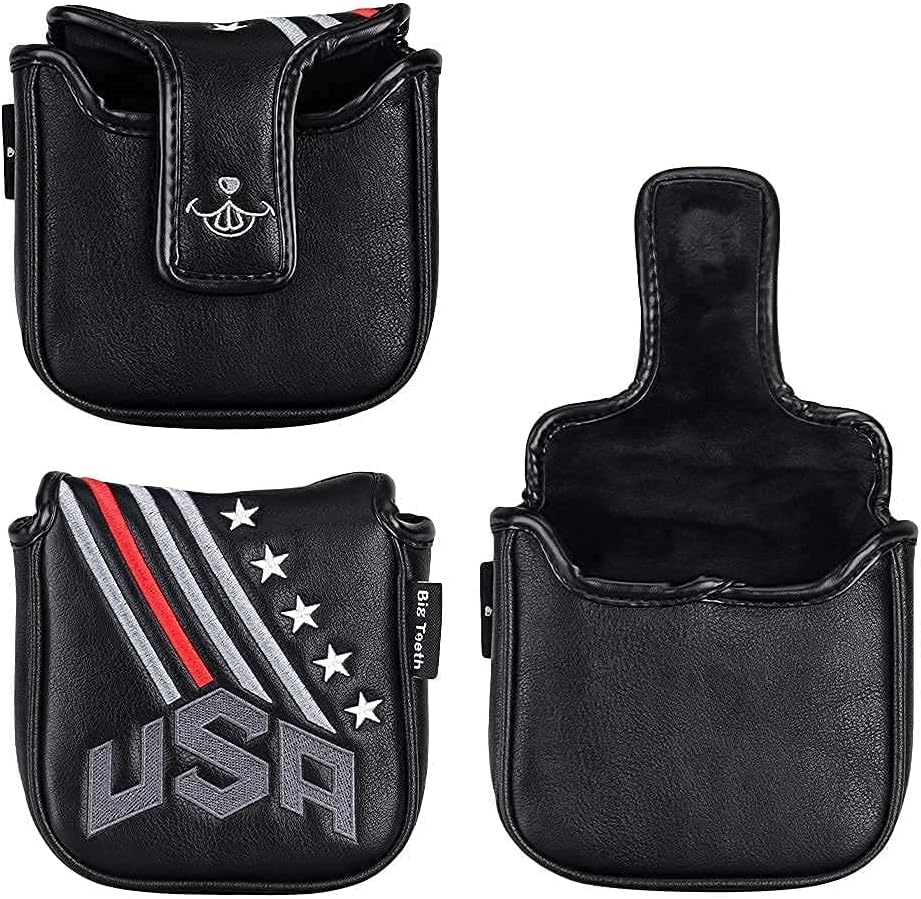 Big Teeth Golf Cover USA Stripe and Star Headcover Covers, Driver Fairway Wood Hybrid Headcovers Fits Blade Mallet Putter Iron and Woods with Magnetic Club Protector Pu Leather Golf Accessories