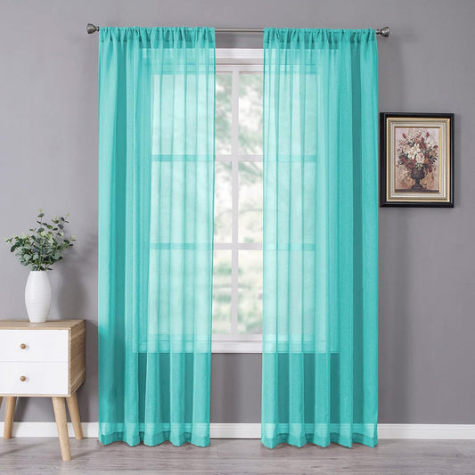 Tollpiz Sheer Curtains Linen Textured Bedroom Curtain Sheers Light Filtering Rod Pocket Voile Curtains for Living Room, 54 x 84 inches Long, Aqua Blue, Set of 2 Panels
