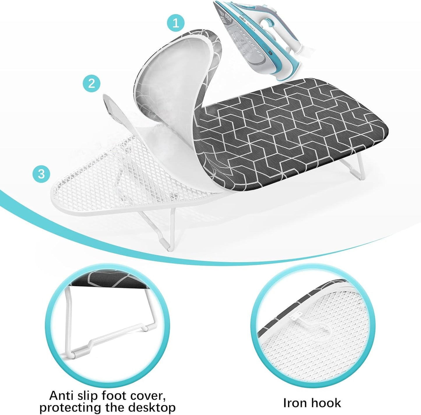 Small ironing board tabletop with heat resistant cover, Compact mini ironing board with metal mesh frame, For dorms, aprtment and travel, Hook for hanging, Iron board 30x12, Iron table stand dark gray