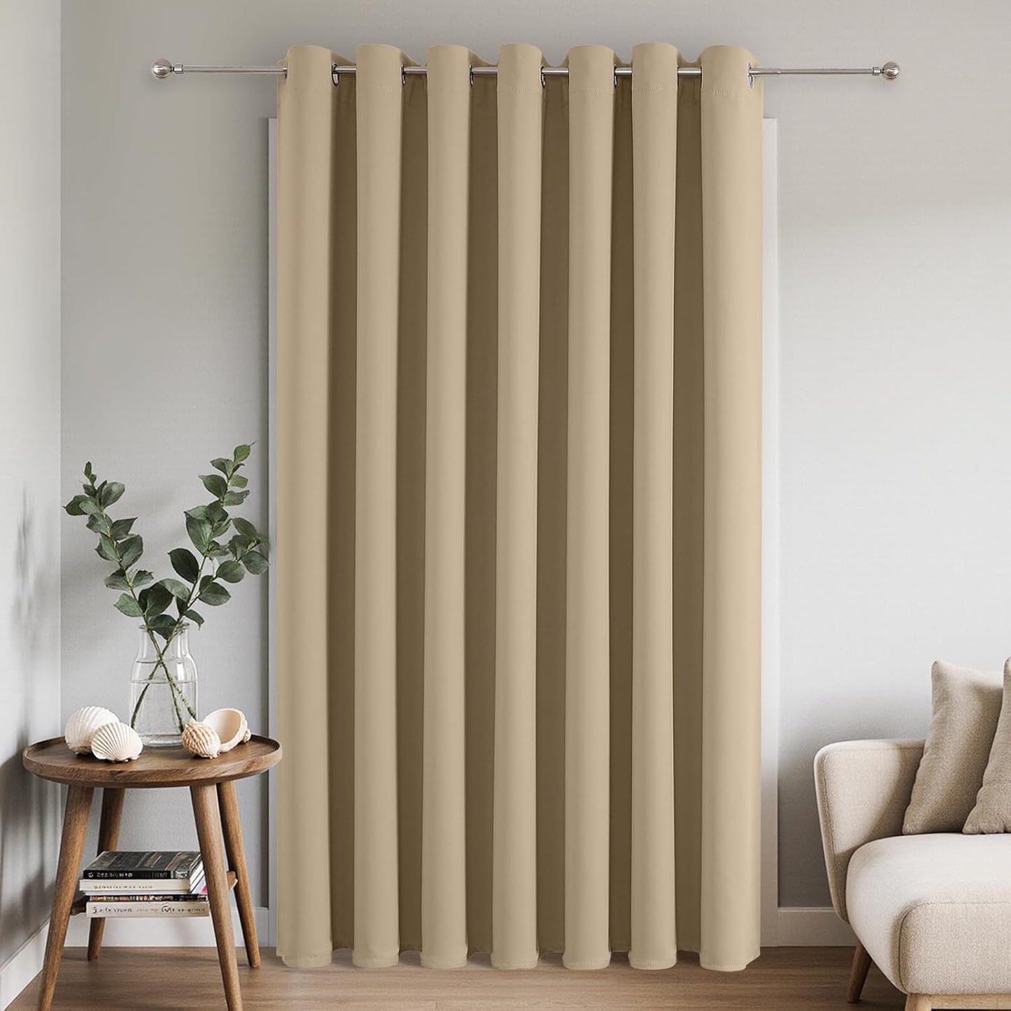 Joydeco Blackout Patio Sliding Door Curtains 90 Inches Long, Grommet Privacy Room Divider Curtains, Extra Wide Thermal Blackout Drapes for Bedroom Living Room (Light Beige, 100Wx90L, 1 Panel)