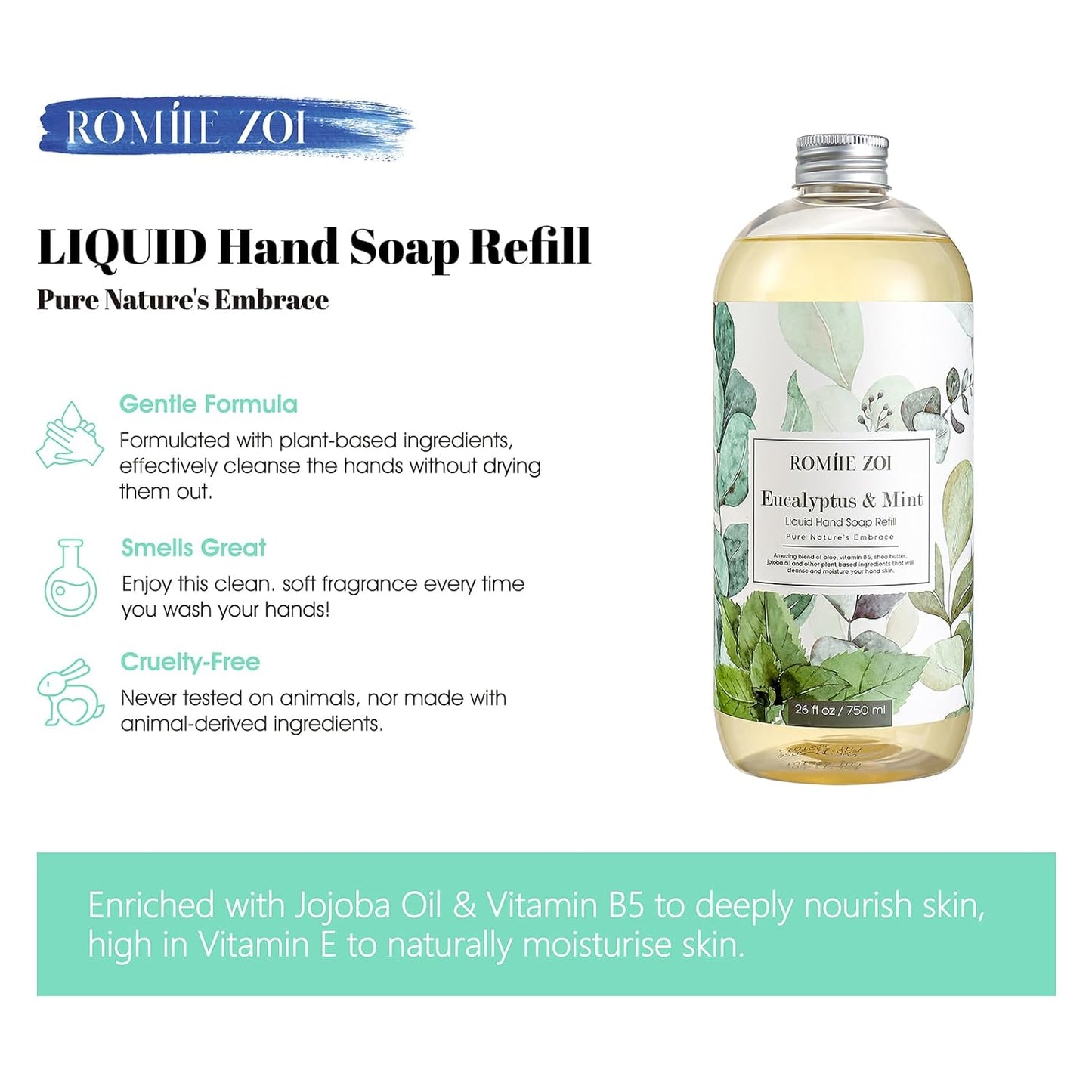 ROMIIE ZOI Liquid Hand Soap Refills, Eucalyptus & Mint, Gentle & Moisturizing Formula, 750 ML/ 26 FL OZ