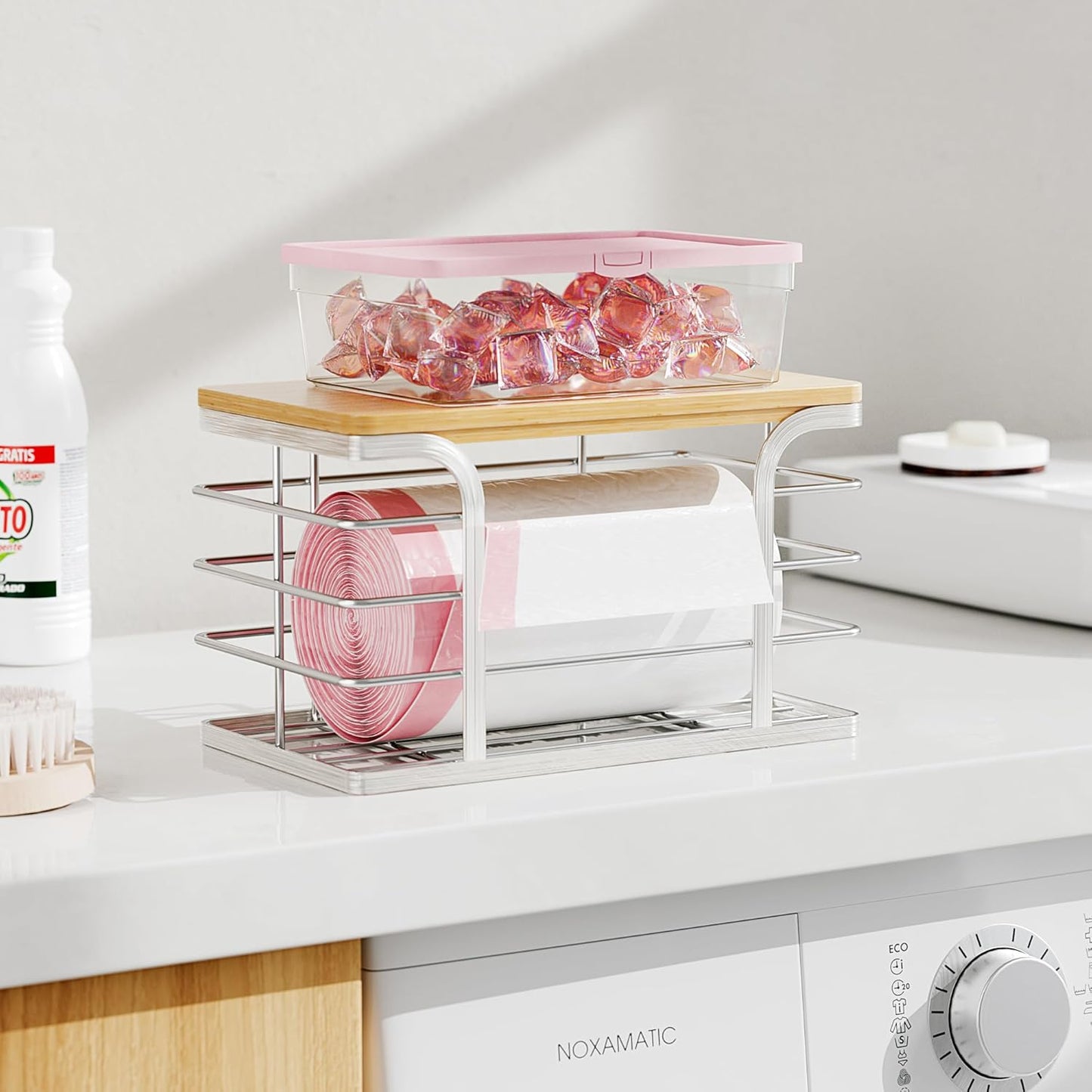 Trash Bag Holder with Bamboo Top, Wall Mount 304 Stainless Steel Garbage Bag Dispenser,Stackable Storage for Kitchen Laundry Organization,Silver Small