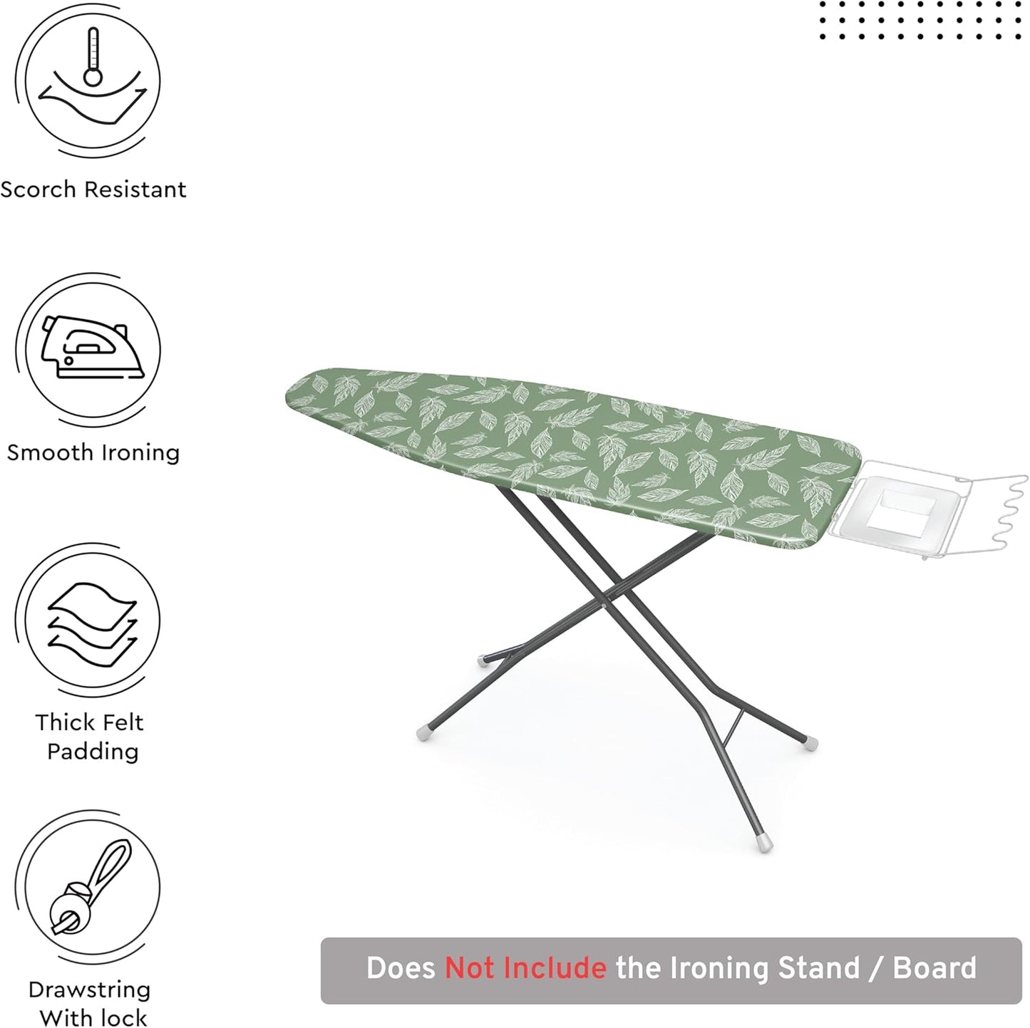 Encasa XO Ironing Board Covers (42"x14") Drawstring Tightening with Thick 3 mm Felt Padding, Easy Fit, Scorch Resistant, Printed - Big Leaves Green