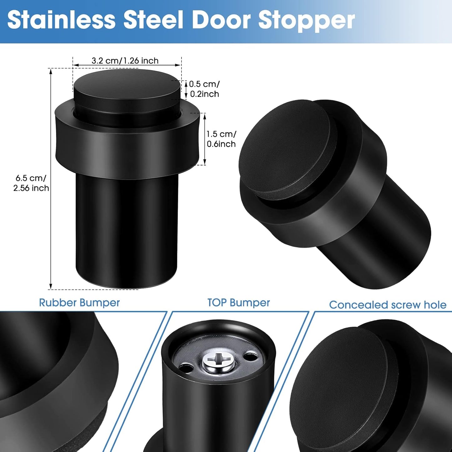 Chumia 20 Pcs Door Stopper Mounted Floor Stops Stainless Steel Cylindrical Stopper Modern Decorative Rubber Bumper Stops Holder Wall Protector for Bottom or Top of Door (Black)