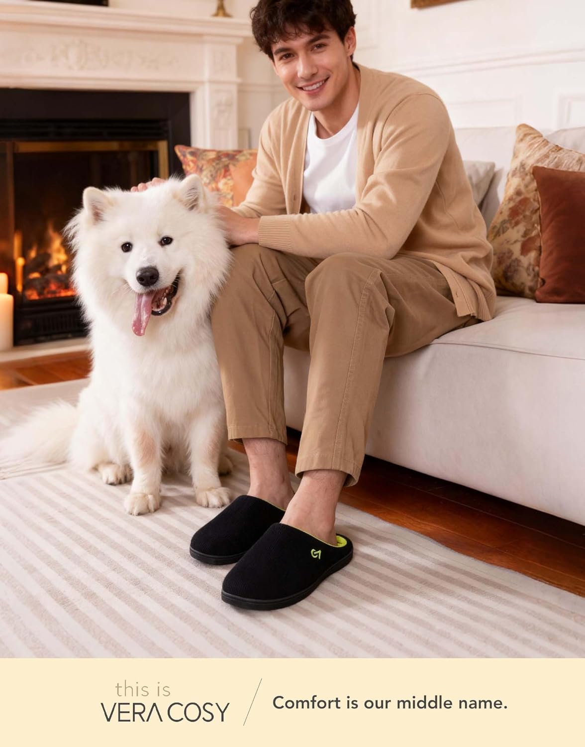 VeraCosy Men's Two-Tone Memory Foam House Slippers Indoor Outdoor Durable Rubber Sole