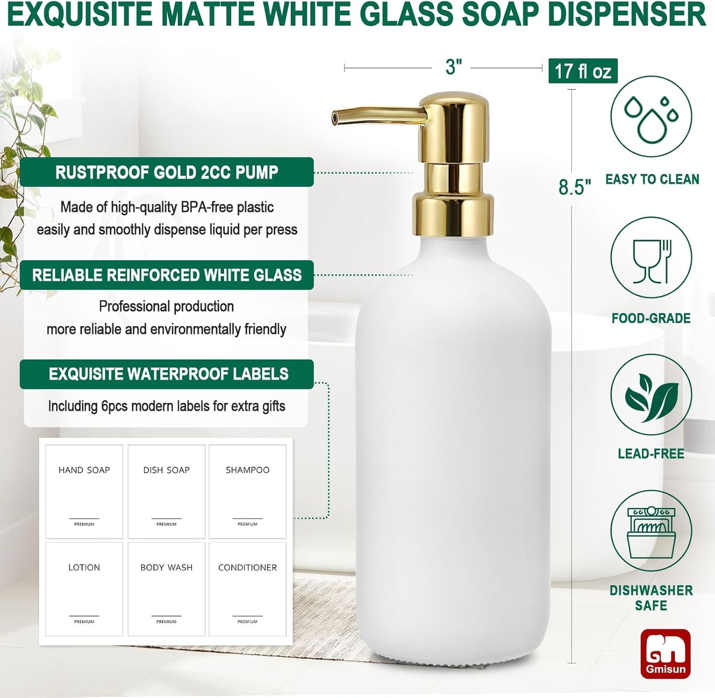 GMISUN White Soap Dispenser, 2 Pack Glass Hand Soap Dispensers Bathroom with Gold Pump, 17 Fl Oz Dish Soap Dispenser Set for Kitchen, Refillable Modern Liquid Soap and Lotion Dispensers Bottle