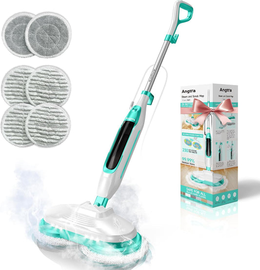 Scrubbing Steam Mop with Rotating Mop Pads, All-in-One Hard Floor Cleaner with LED Headlights, Steam & Spin Control, 6 Soft Scrub Pads, Swivel Steering, FS07