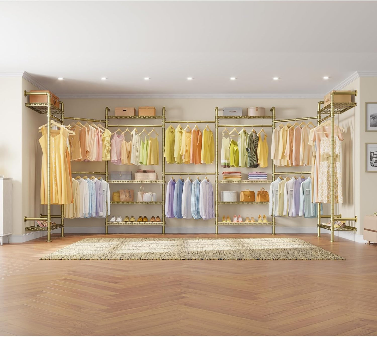 Timate F3 Garment Rack Heavy Duty Clothes Rack for Hanging Clothes, Expandable Industrial Pipe Wall Mounted Clothing Rack, Adjustable Storage Closet Wardrobe Closet Kit Walk in Closet Systems, Gold