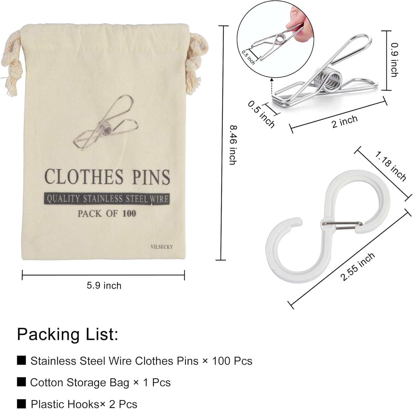 100 Pcs Clothespins Laundry Chip Clips - Durable Stainless Steel Clothes Pins,Heavy Duty Clamp Metal Wire Clothes Pegs with One Storage Bag & 2 Hooks,for Outdoor Clothesline Home Kitchen Office