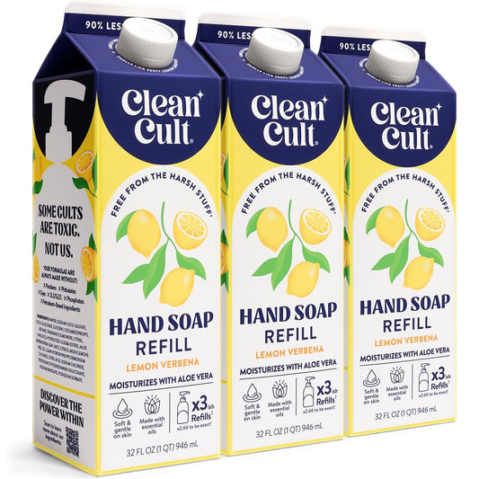 Cleancult Liquid Hand Soap Refills - Lemon Verbena - Moisturizes Dry & Sensitive Skin - Made with Aloe Vera & Essential Oils - Eco Friendly - Paper-Based Packaging - 32 oz/3 Pack